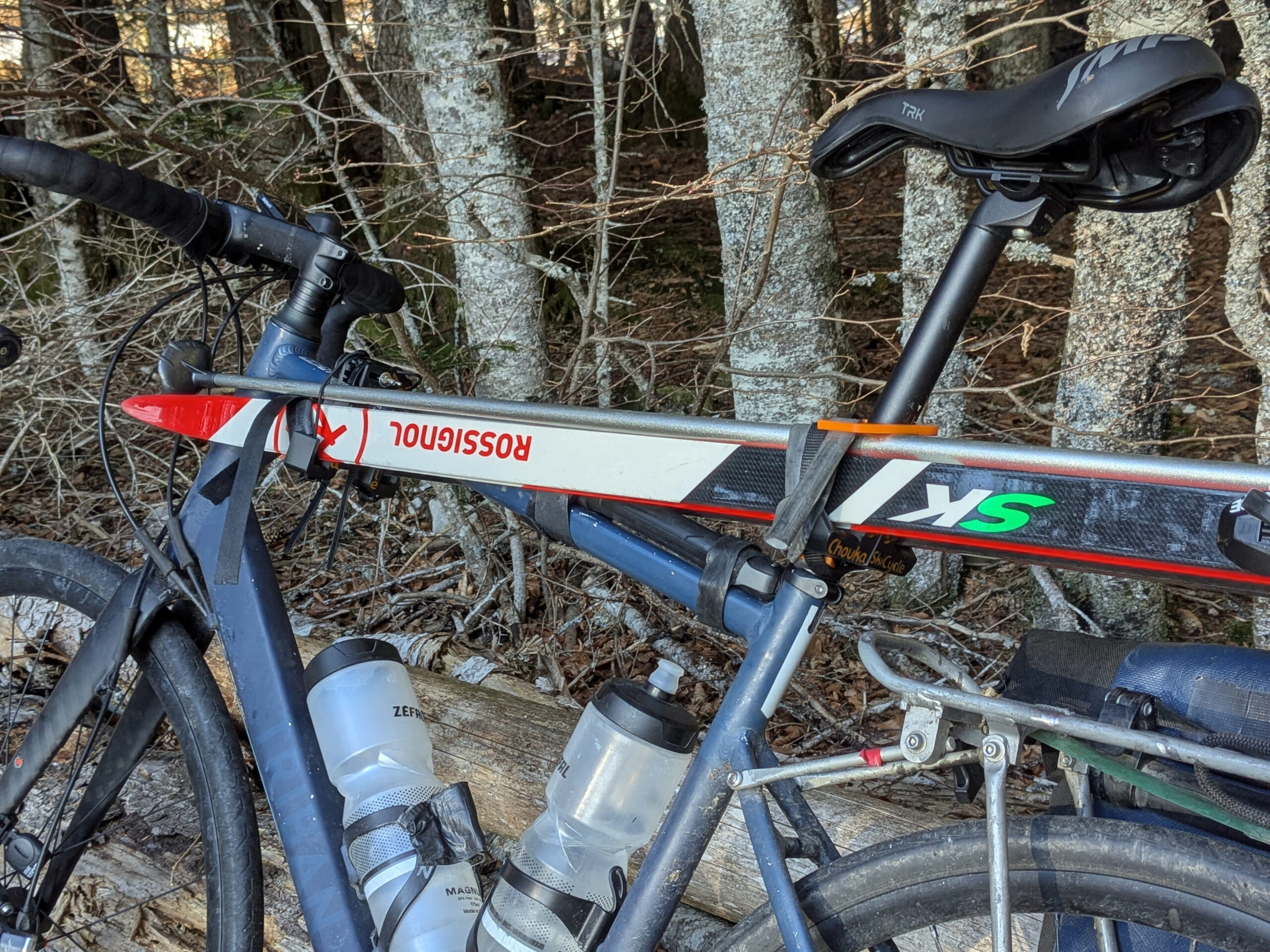 Cross-country skis on road bike